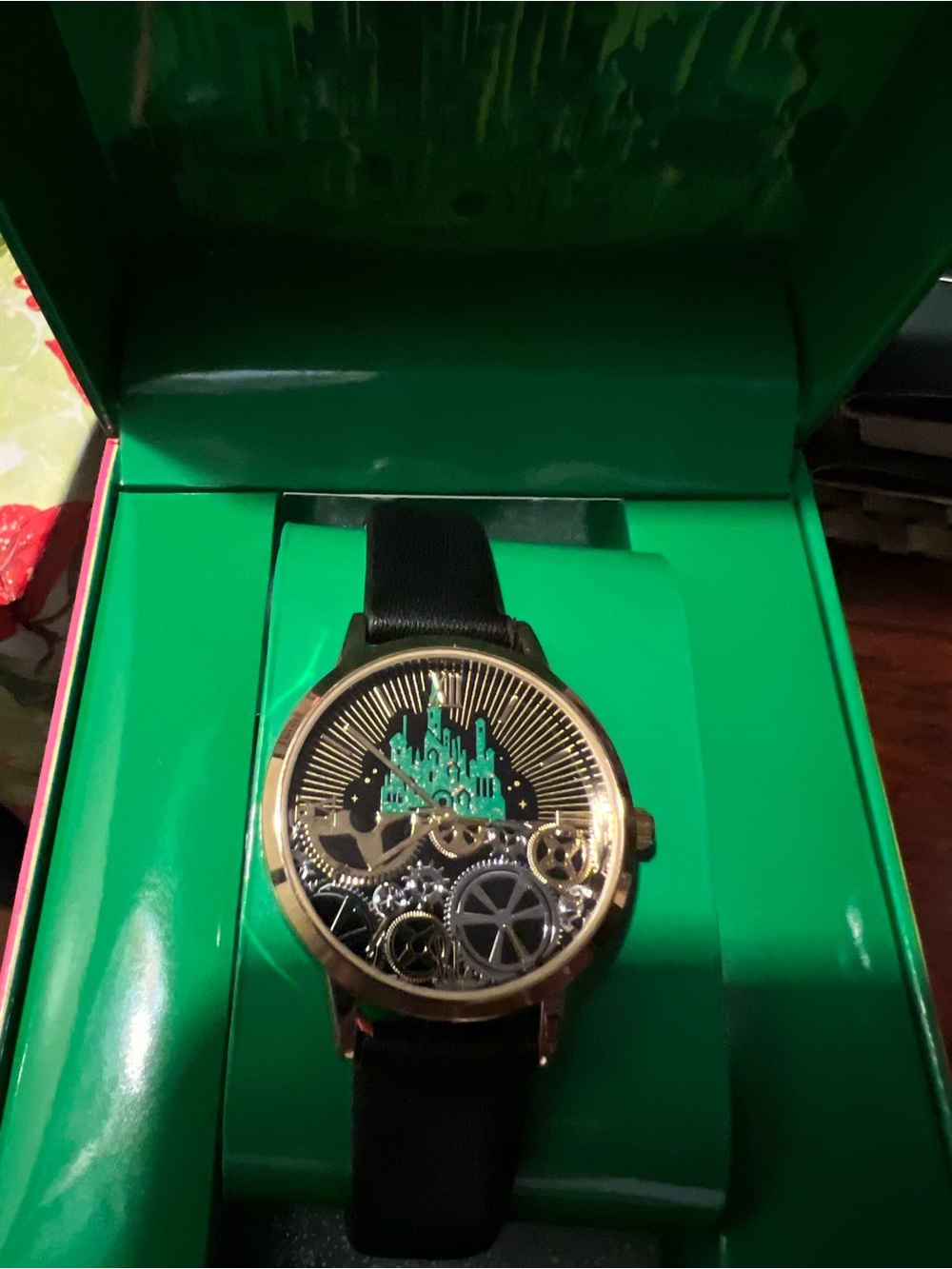 Wicked Black Strap Watch with Gold Case and Green Dial Accent